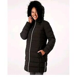 NuAge Women's Jacket Sz S/P Regular Stretch Puffer‎ Coat w Removable Hood Black